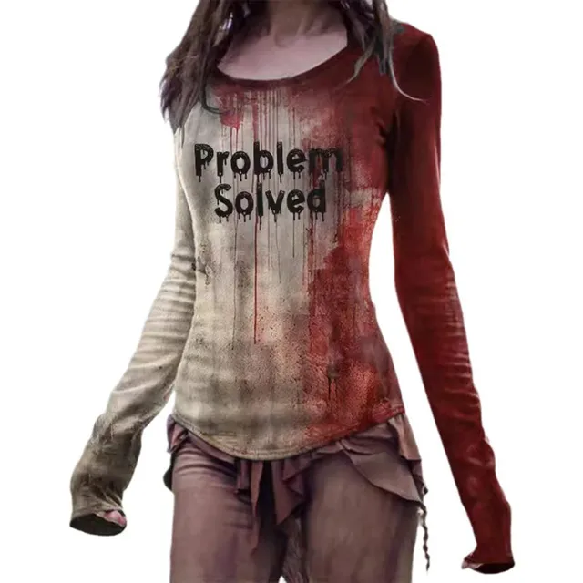 Problem Solved Bloody Fonts T-Shirt Halloween Ladies Printed Long Sleeve Crew Neck T Shirt Top Distressed Slim Party Y2k Clothes 2