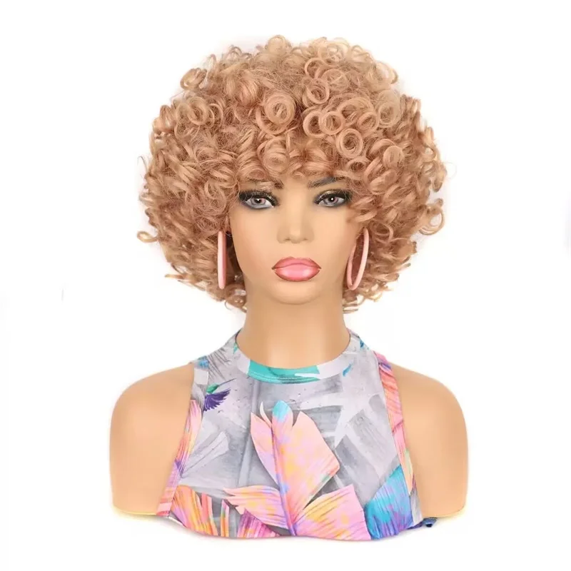 Short Blonde Synthetic Hair Wigs With Side Swept Bangs for Women Female Haircut Puffy Afro Kinky Curly Wig