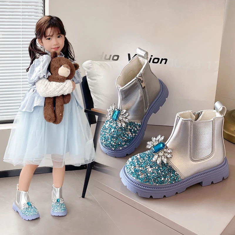 Girls Princess Boots with Shiny Crystal Kids Ankle Boots Glitter 2025 Autumn Winter New Children Fashion Boots Versatile Soft