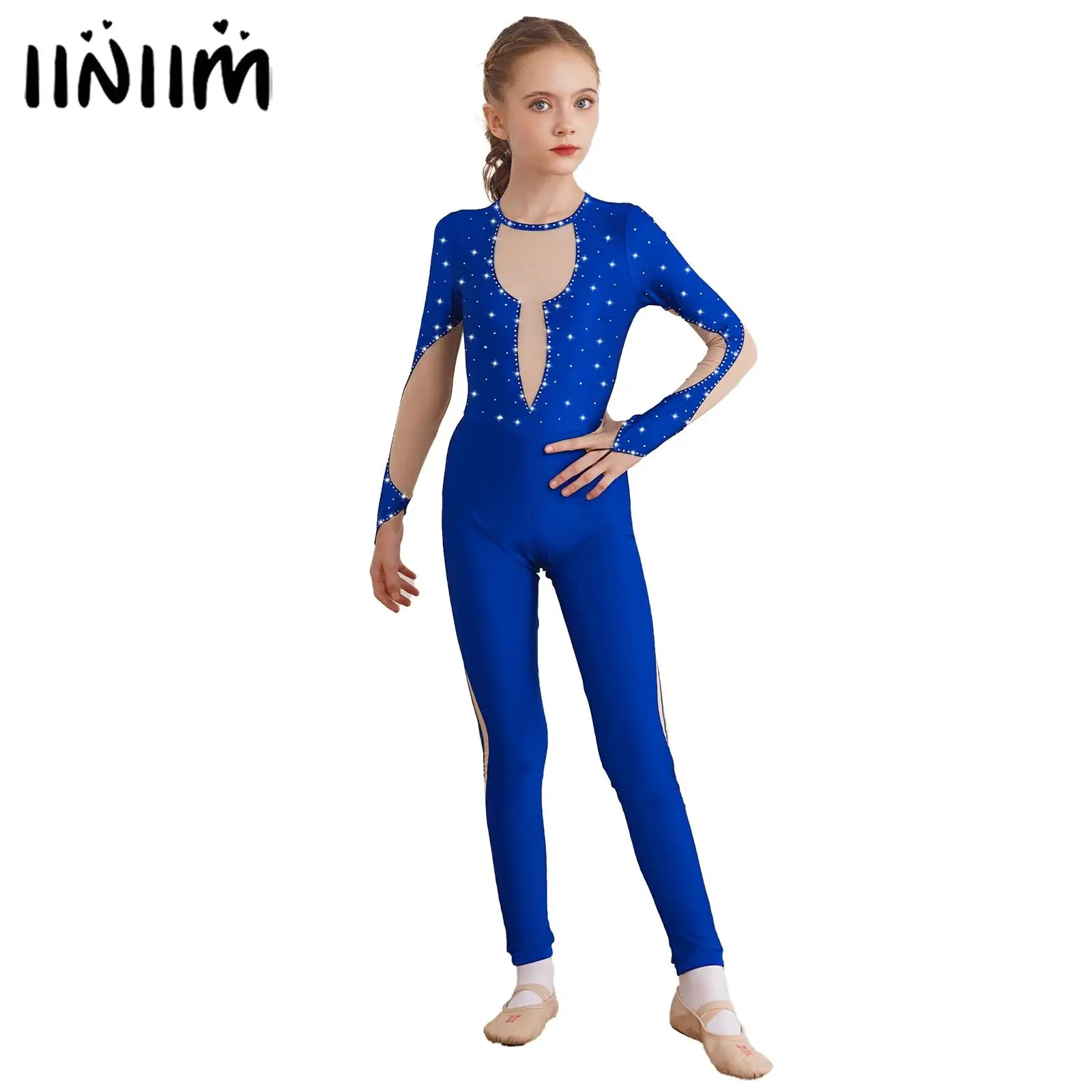 

Kids Girls Shiny Rhinestone Gymnastic Leotards Ballet Jumpsuit Long Sleeve Back Keyhole Mesh Figure Ice Skating Unitard Jumpsuit