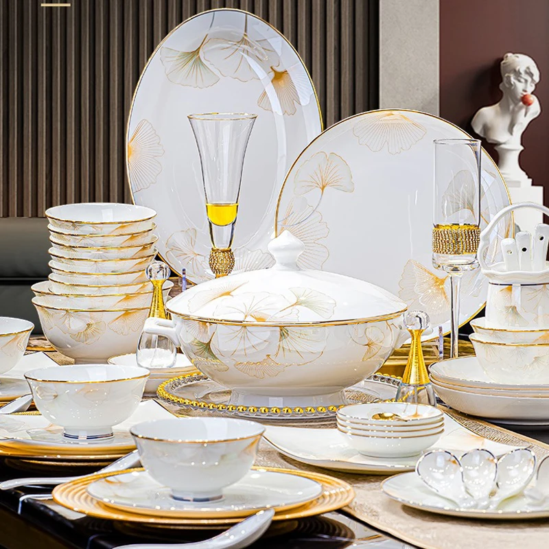 60 Heads Jingdezhen Bone China Dishes Set Pot Dinner Tableware Rice Bowl Soup Bowl Salad Noodles Plate Dish Dinnerware