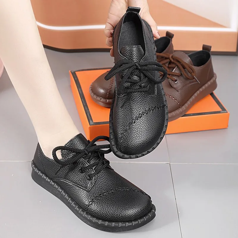Women's Comfort Flats - Leather Lace-Up Shoes with Anti-Slip Cushioned Sole, Spring/Fall Casual Shoes for Mothers 2026