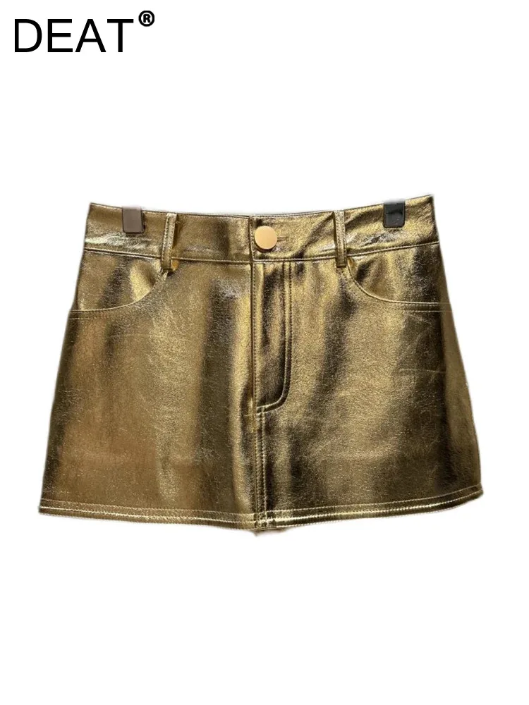 

DEAT Women's Pants PU Leather Mini Skirt Women's Causal Shiny Gold Coated High Waist Wrap Hip Skirts 2024 Summer New 11XX1224