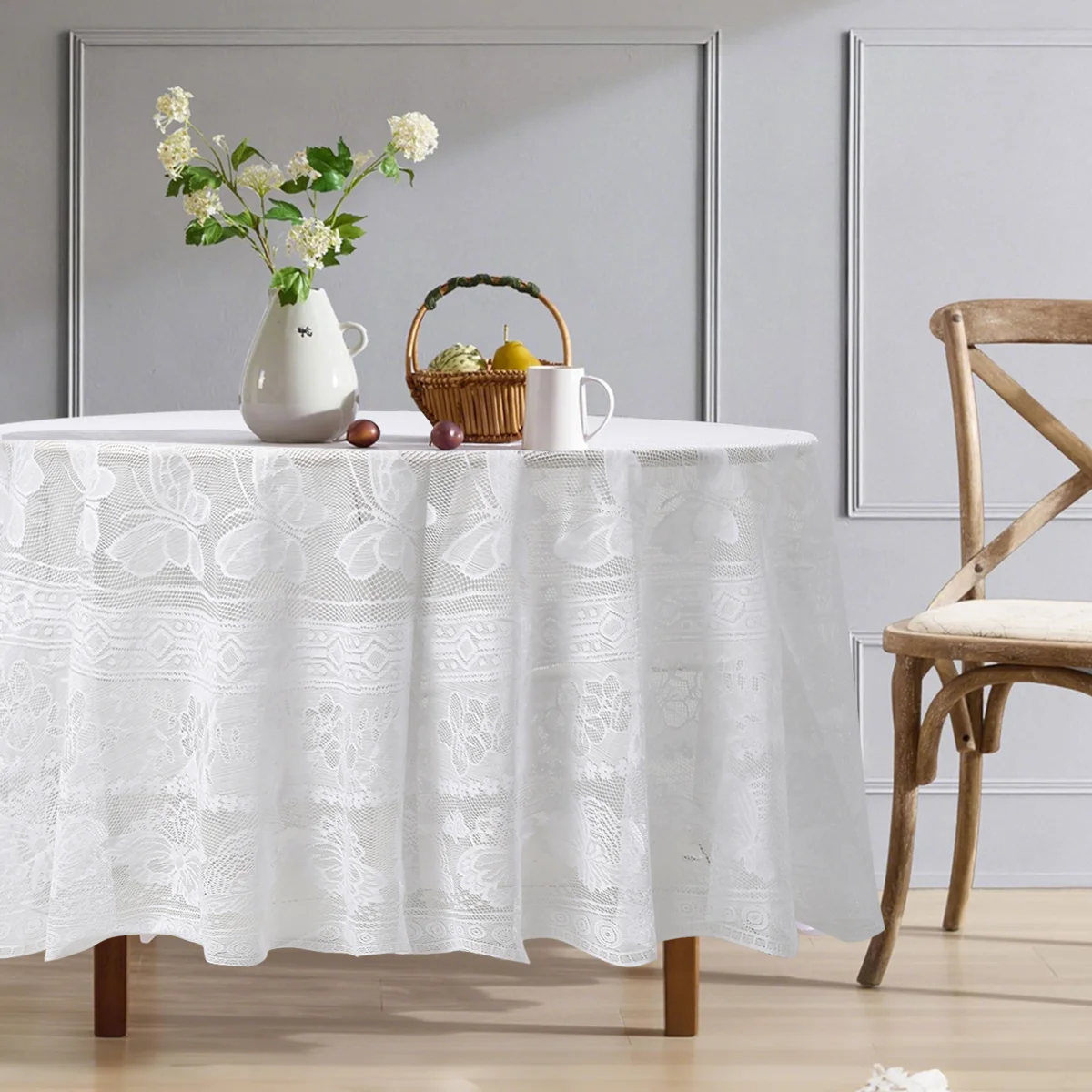 180cm White Butterfly Flower Round Tablecloth Embroidery Cover Wedding Party Events Banquet Hotel Table Cover Dining Table Decor 5