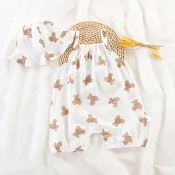 Newborn One-Piece Infant Summer Muslin Romper with Hat Kids Birthday Bear Sleeper Baby Button White Beige Pajamas Onesie 3-24M