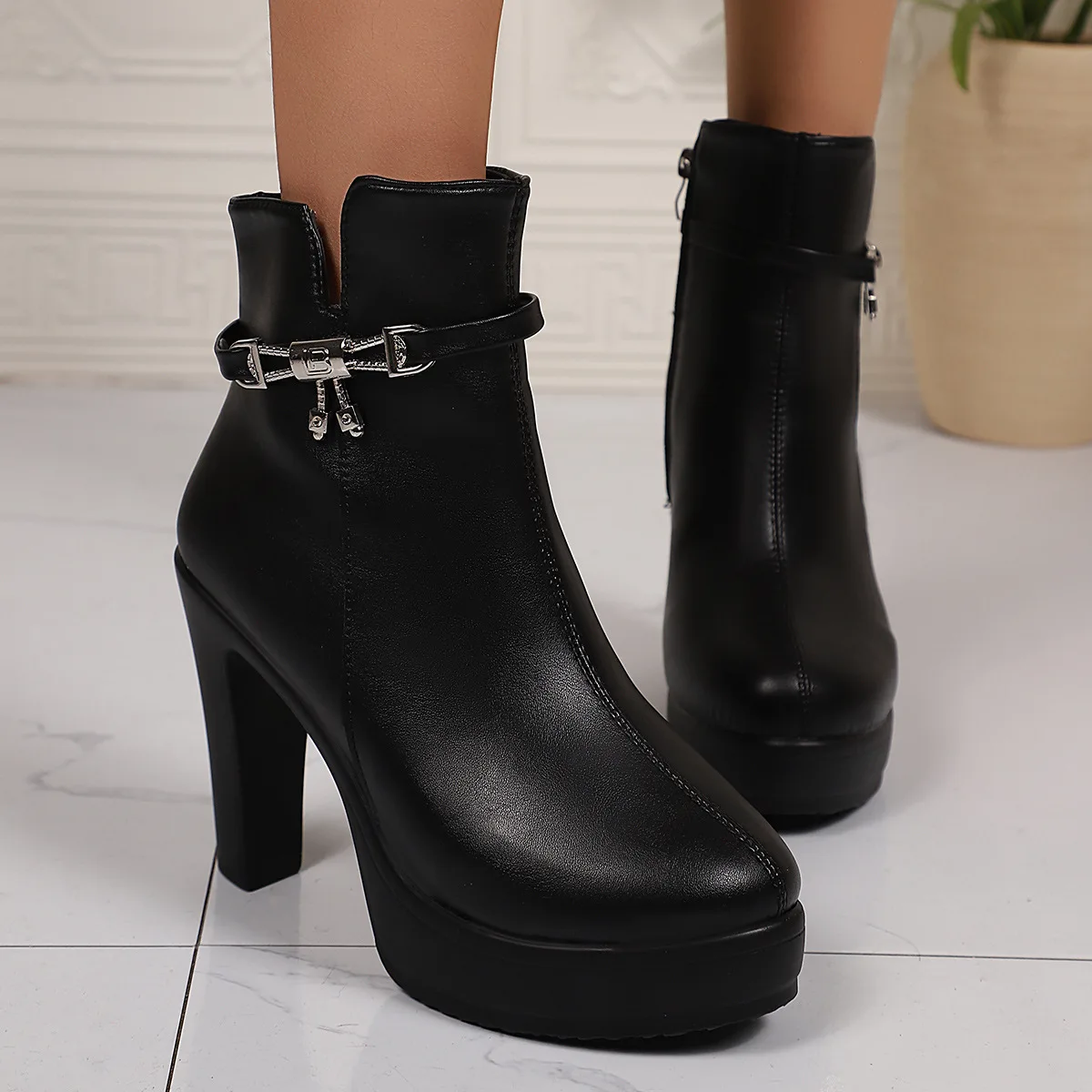 Fashion Ankle Boots Solid Color Round Head Side Zipper Design Autumn Winter Women's Fashion High Heeled Ankle Boot Size 36-43