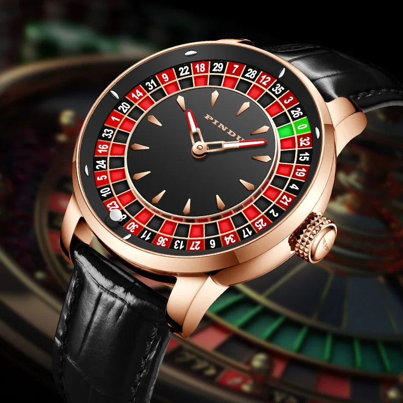 PINDU projekt nowy zegarek mechaniczny NH35 obracająca się tarcza Las Vegas ruletka z motywem automatyczny zegarek męski diamentowe świecące dłonie