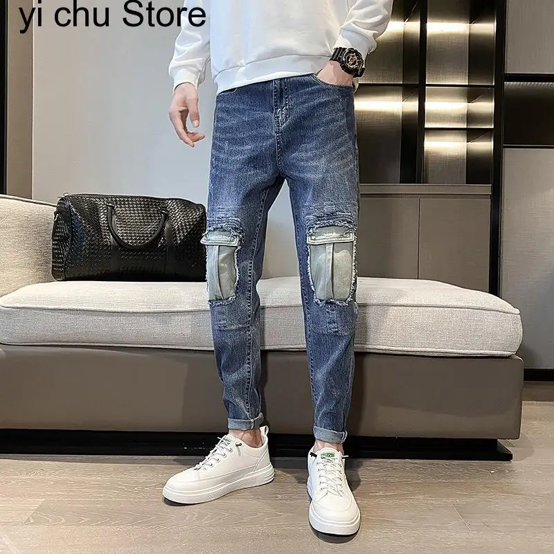 

New Embroidery Ethnic Style Stitching Jeans Men's Ripped Trousers Cuffed Cat Whiskers Blue Hip-hop Pants Cotton Soft Elastic