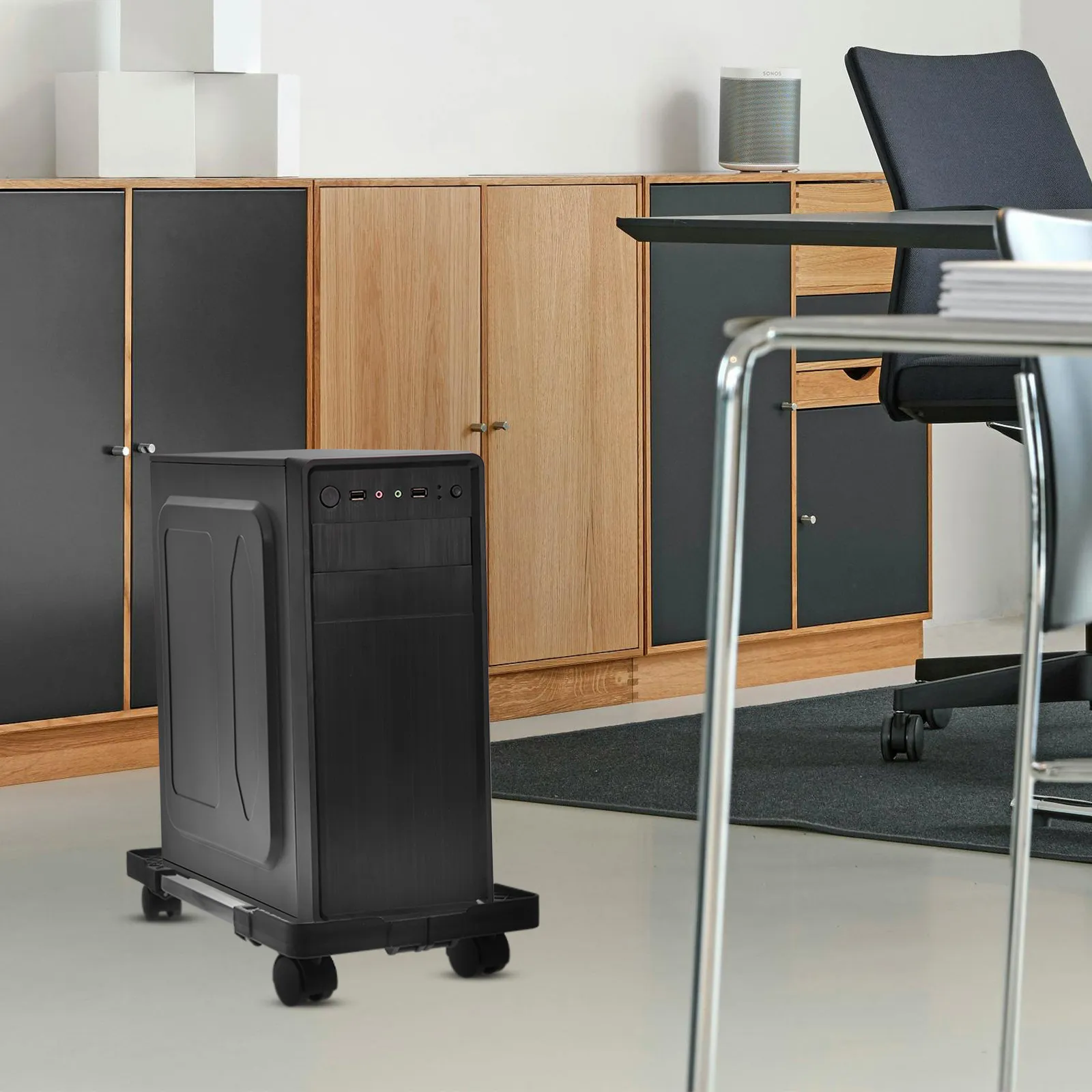 데스크탑 타워 컴퓨터용 이동식 CPU 스탠드, 4개의 부드럽게 롤링하는 바퀴가 있는 바닥 스탠드, 견고한 PP 및 스테인리스 스틸 구조