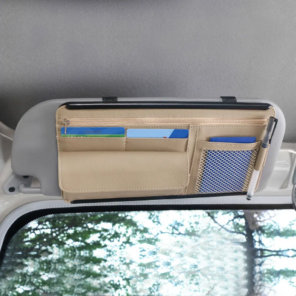 

1pc Leather Stowing Box Car Sunshade Organizer Storage Bag Car Sun Visor Clip Card Ticket Sunglasses Clip Interior Accessories