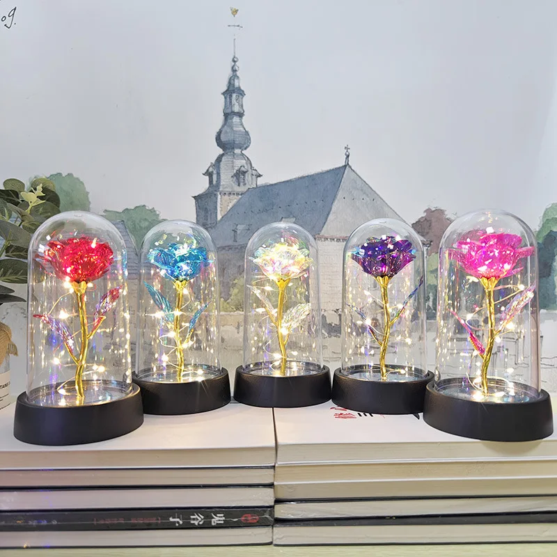 Eternal Rose Flower Glow Rose in The Glass Artificial Flower Desk Accessorie LED with Box Lover Gift Mother's Day Gift Artificial Flower Toys