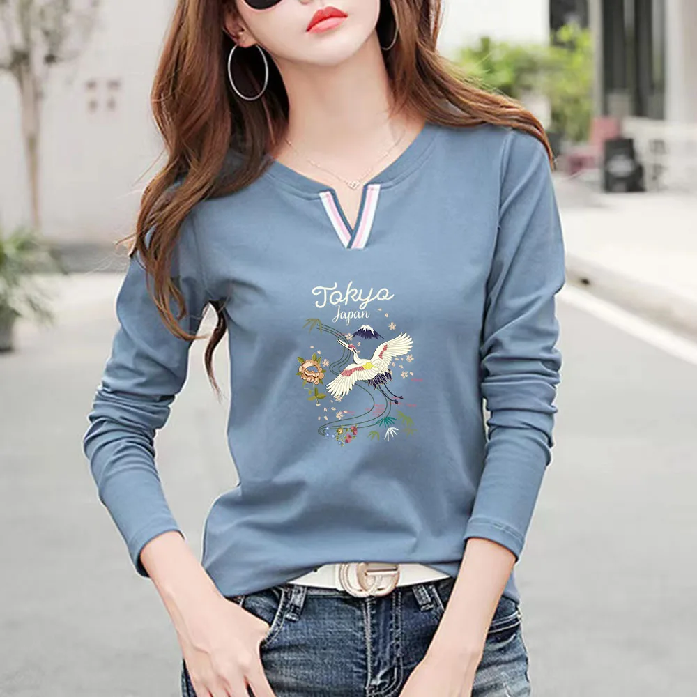 

2022 New V Neck 100% Cotton T Shirt Woman Autumn Fashion Long Sleeve Shirt Women's T-shirt Loose Korean Style Women Shirts #100