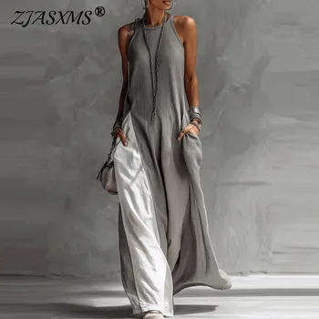 Casual Sleeveless Summer Boho Vacation Maxi Dress Woman Sexy O Neck Contrast Color Long Dress Spring Pocket A-Line Party Dresses 1