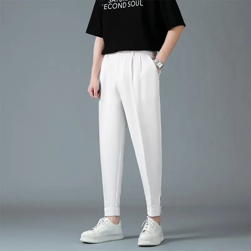 

Men's Cool Fabric Drape Casual Pants 2023 New Streetwear Fashion Harem Little Feet Male Business Trousers Khaki White Grey