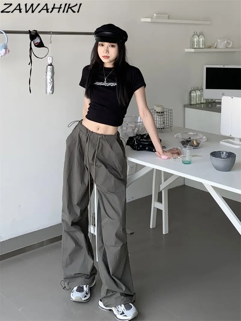 

American Retro Drawstring Casual Cargo Pants Women Summer Lightweight Gray Versatile Sporty Solid Color Loose High Waist Trouser