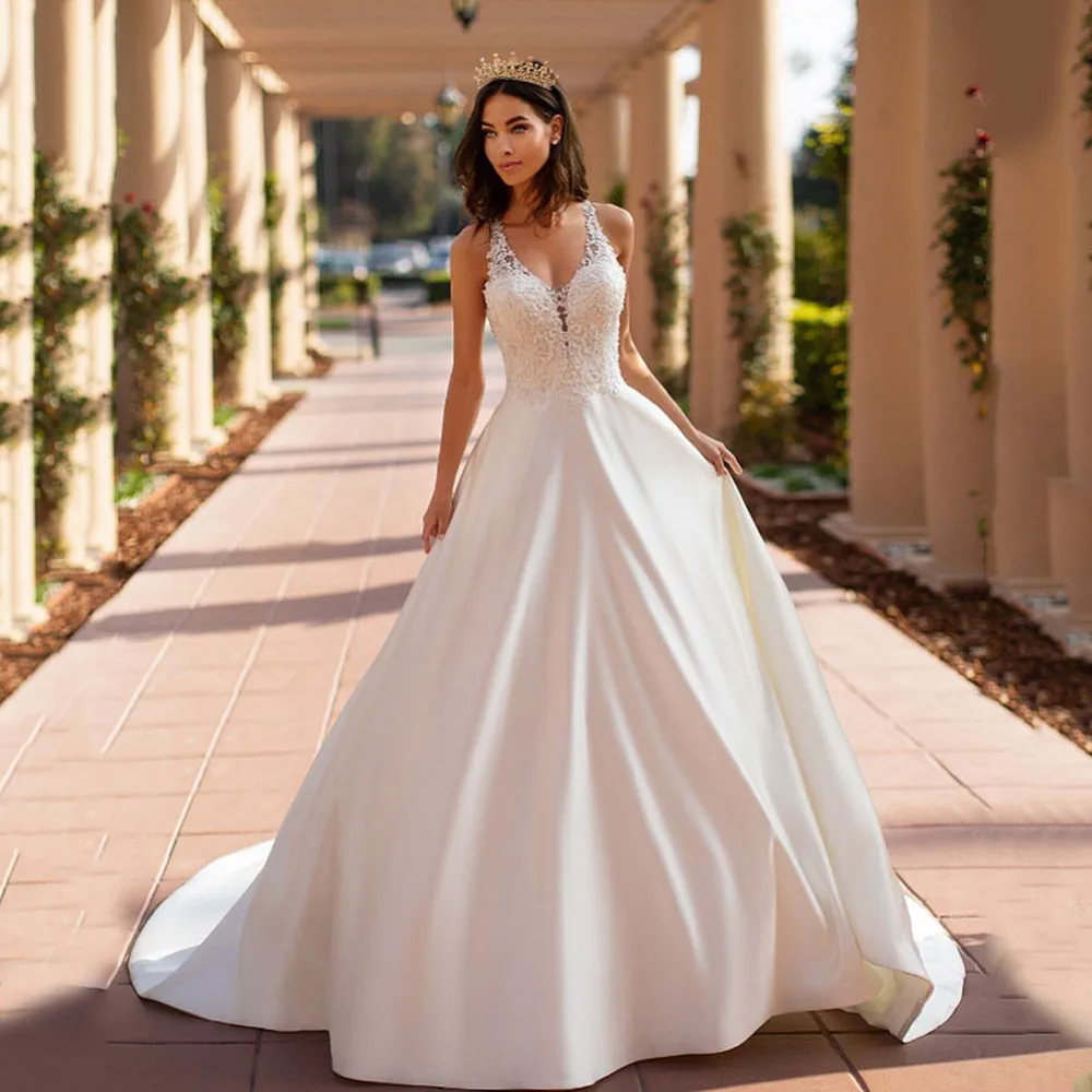 SoDigne Boho Satin Aline Wedding Dresses 2023 Sexy V Nack Lace Blackless Bride Dress Custom Made Sleeveless Bridal Gowns 4