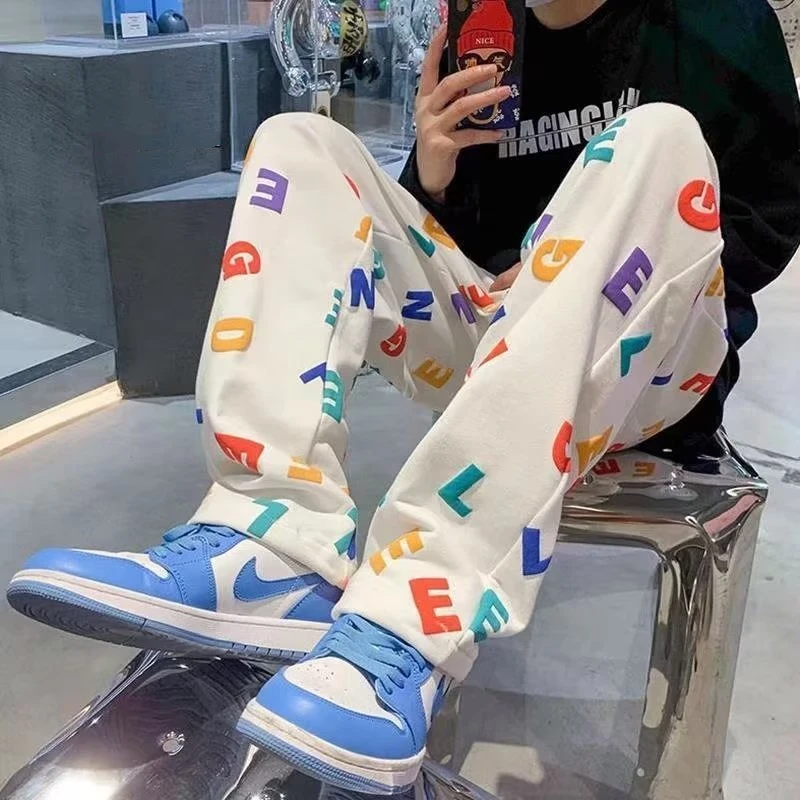 Men's Spring Autumn American Style Wei Pants Loose All-match Trendy Letter Printed Elastic Waist Wide Leg Sports Casual Trousers