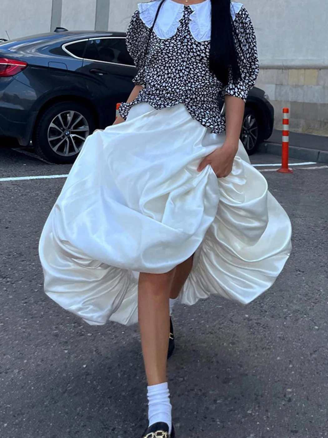 2023 Spring Summer Women Satin High Waist A-line Drape Skirt Fashion Elegant Solid Color Zipper Simple French Tutu Skirts