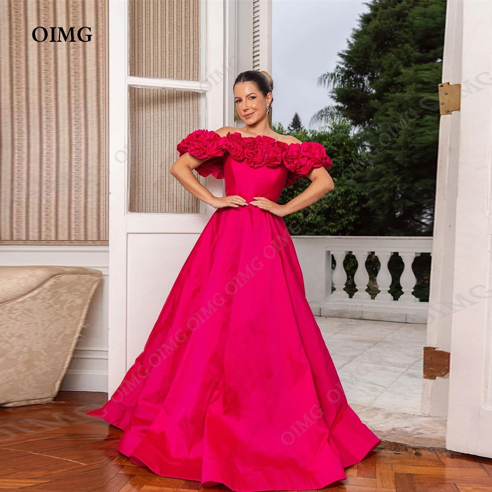 

OIMG Pink/Red Satin A Line Prom Dresses Formal Flowers Women Evening Party Gowns Floor Length Long Custom Celebrity Gown