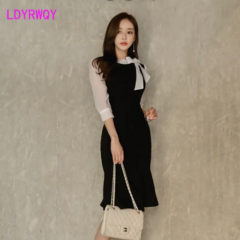 

Women's 2023 Spring New Product Celebrity Style Bow Tie Black and White Color Contrast Slim 3/4 Sleeve Dress