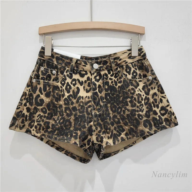 Retro Leopard Printed Denim Shorts for Women 2024 New Summer High Waist Slimming All-Match Hot Pants Street Shorts