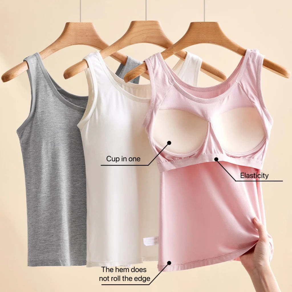 1pcs Women's Vest Tops Round Neck Vests Solid Color Padded Slim Fit Tank Tops Sexy Feminino Casual Tank Tops With Built In Bras 1