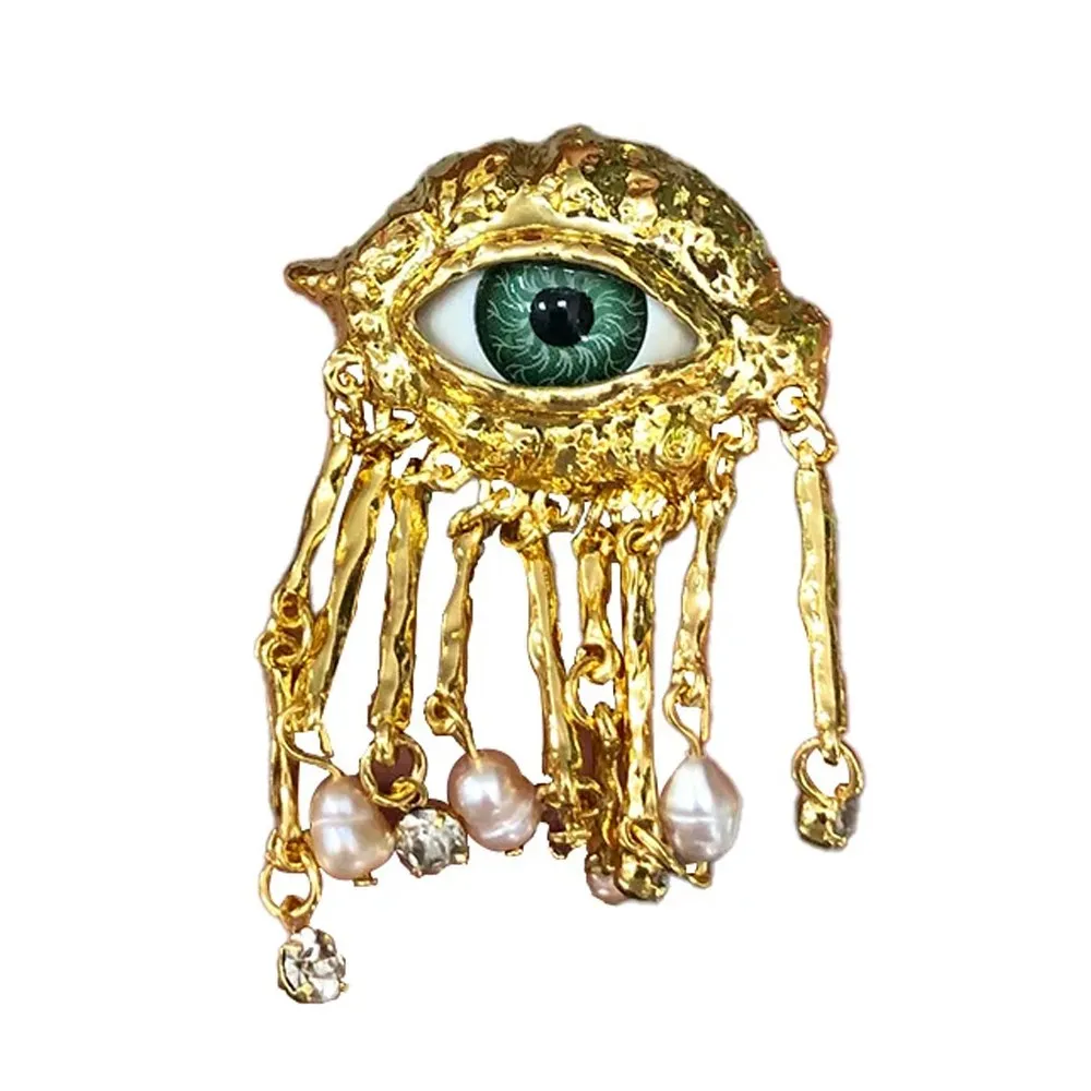 Women Men Vintage Eyes of Demon Brooch Pins Exaggerated Trendy Style Imitated Pearl Delicate Tassels Metal Badge Jewelry