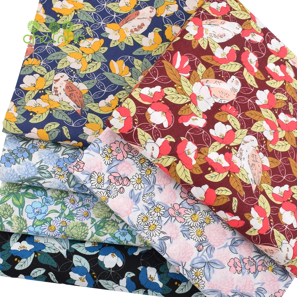Chainho,Printed Plain Weave Poplin Cotton Fabric,DIY Sewing Quilting Material,Patchwork Cloth,Floral Serie,3 Sizes,15PC133
