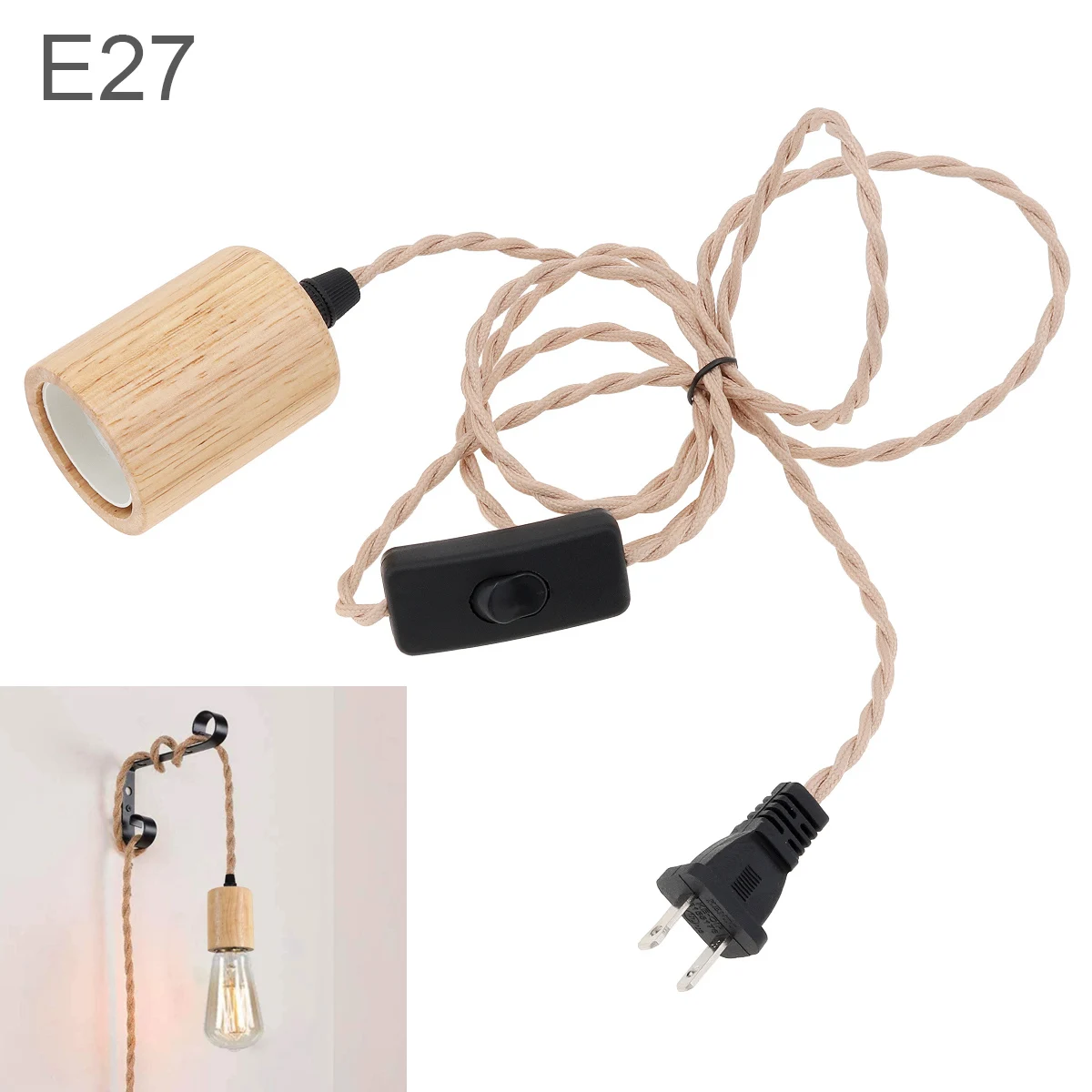 Lampada Corda di Canapa 4,5m Portalampada E27 con Spina E Interruttore, Porta Lampadina Bakelite per DIY Portalampade a Sospensione, Vintage Lampadina, Edison retrò Lampada, Lampadario Soffitto