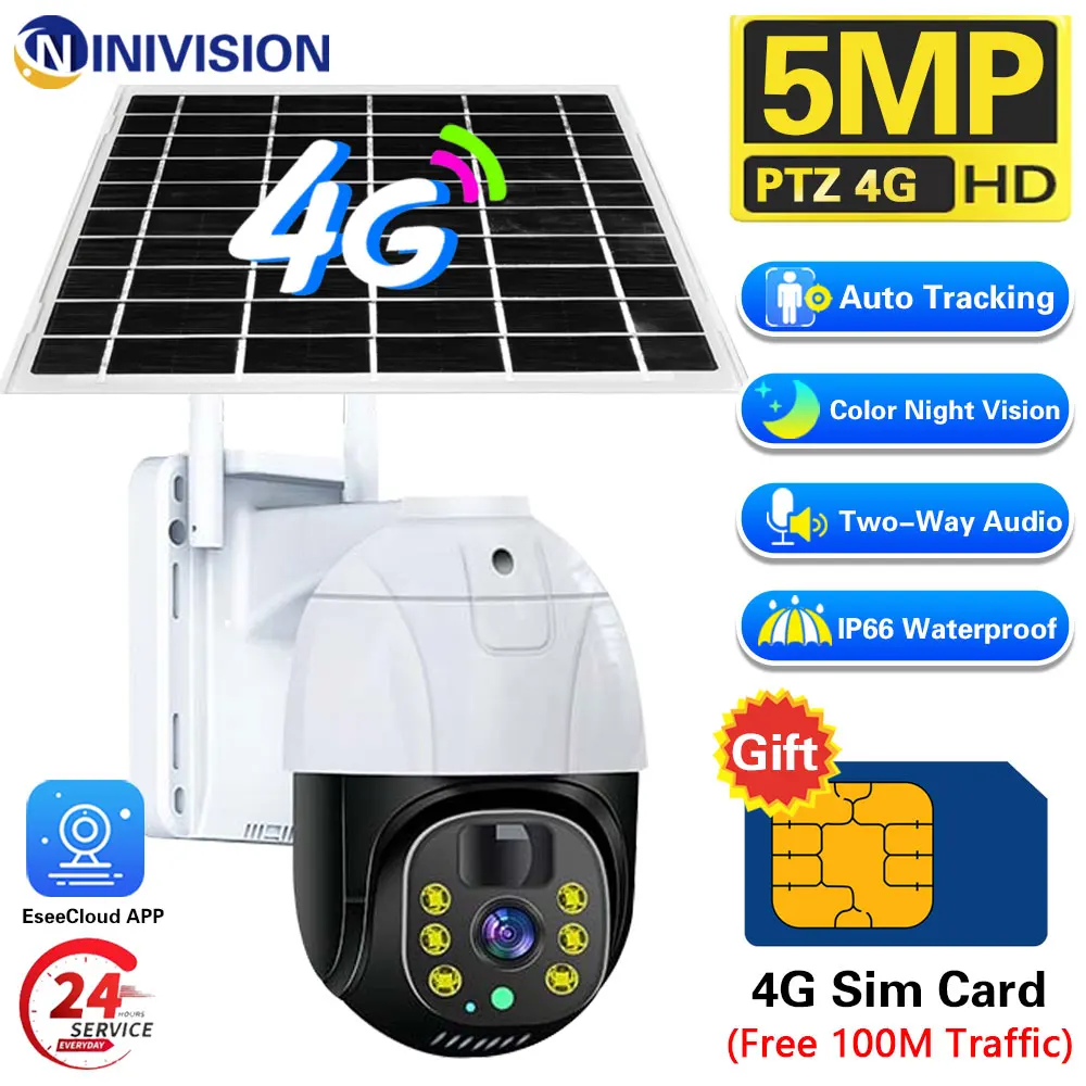 

Solar 5MP 4G Camera Waterproof Outdoor Wireless Surveillance Solar Panel PIR Human Detection AI Motion detection Free Sim Card