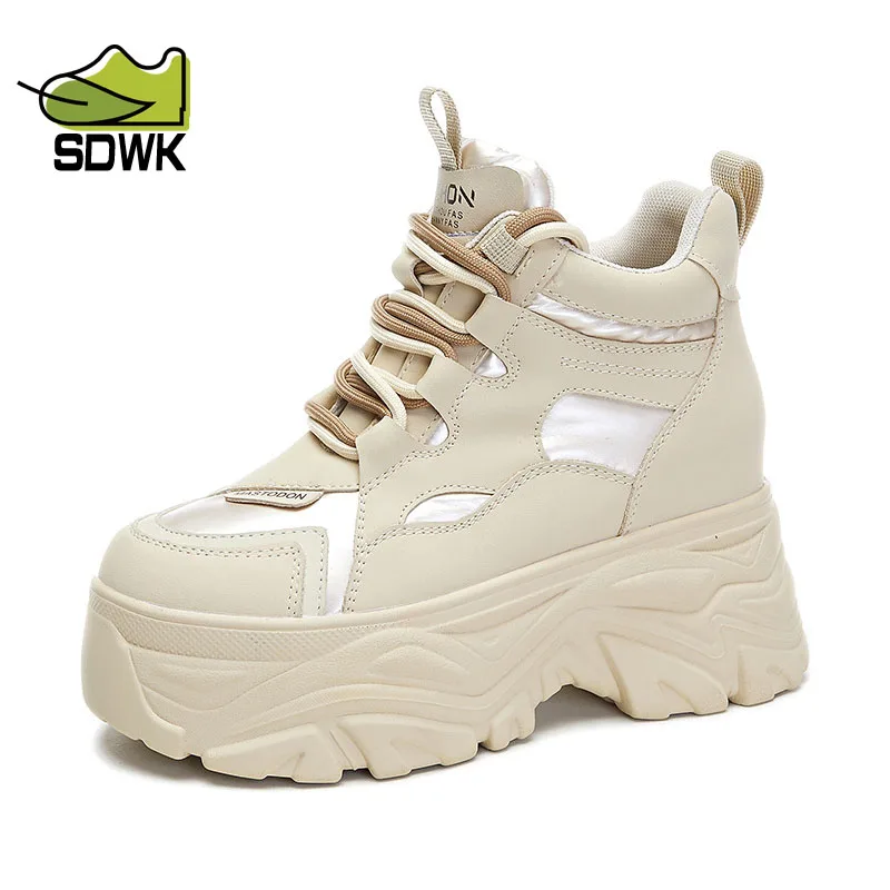 

SDWK 8cm Natural Cow Genuine Leather Women Mid Calf Booties Autumn Spring Comfy Platform Wedge Fashion Black Shoes QA005