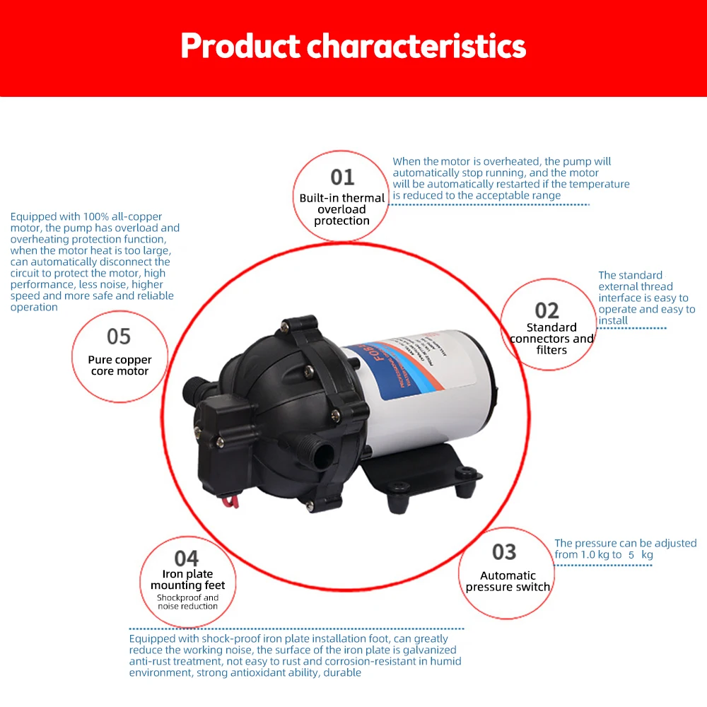 Water Pressure Diaphragm Pump 12V 24V 5-Chamber Self-Priming Pump 5.5GPM Water Transfer Pump 70PSI with Strainer Hose Water Pressure Pump