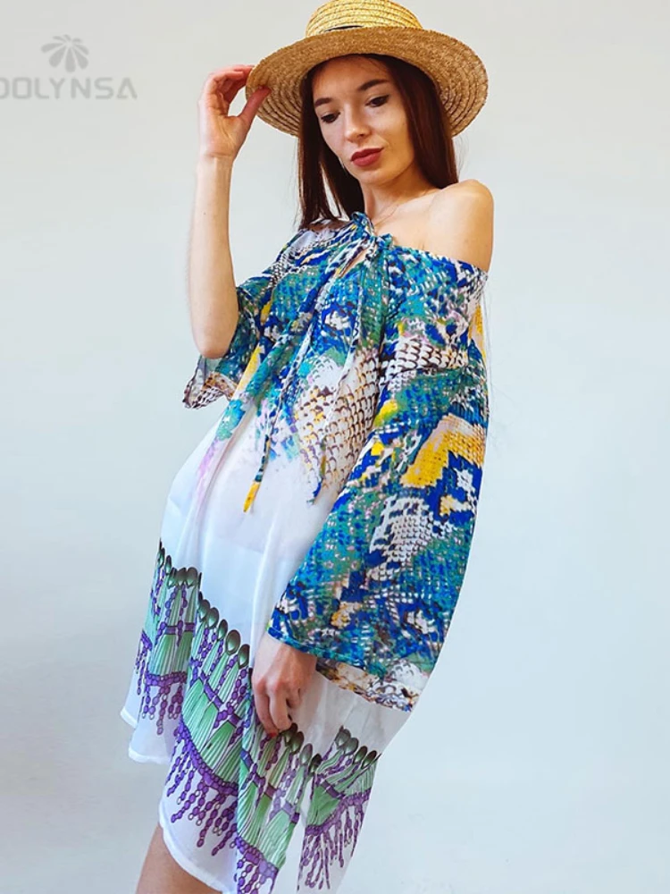 Beach Caftan Swimsuit Cover up Print Chiffon Pareo Women Robe Plage Swimwear Dress Sexy Sarong Beach Tunic #Q152