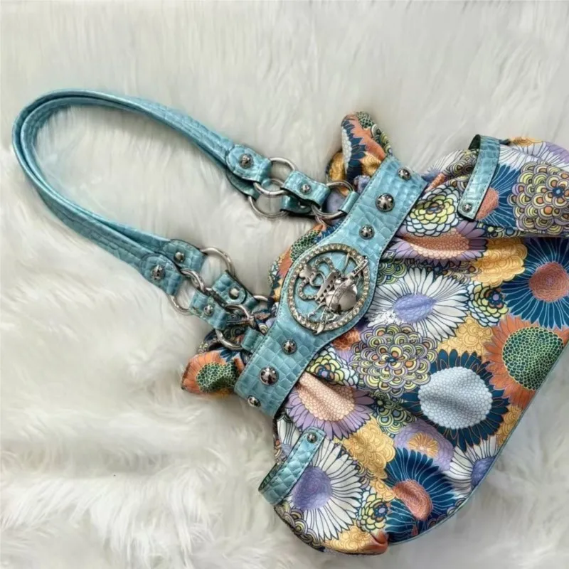 Retro Y2k Hot Girl Tote Bag Women Floral Print Studded Large Capacity Shoulder Bag Ladies Subculture Handheld Crossbody Bag 2025