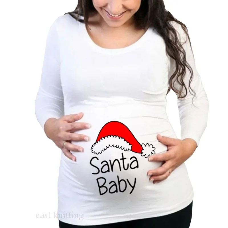 Pregnant Woman Christmas Long Sleeve Santa Baby Print T Shirt Christmas Side Ruched Maternity Top Pregnancy Clothes Pregnant Tee 2