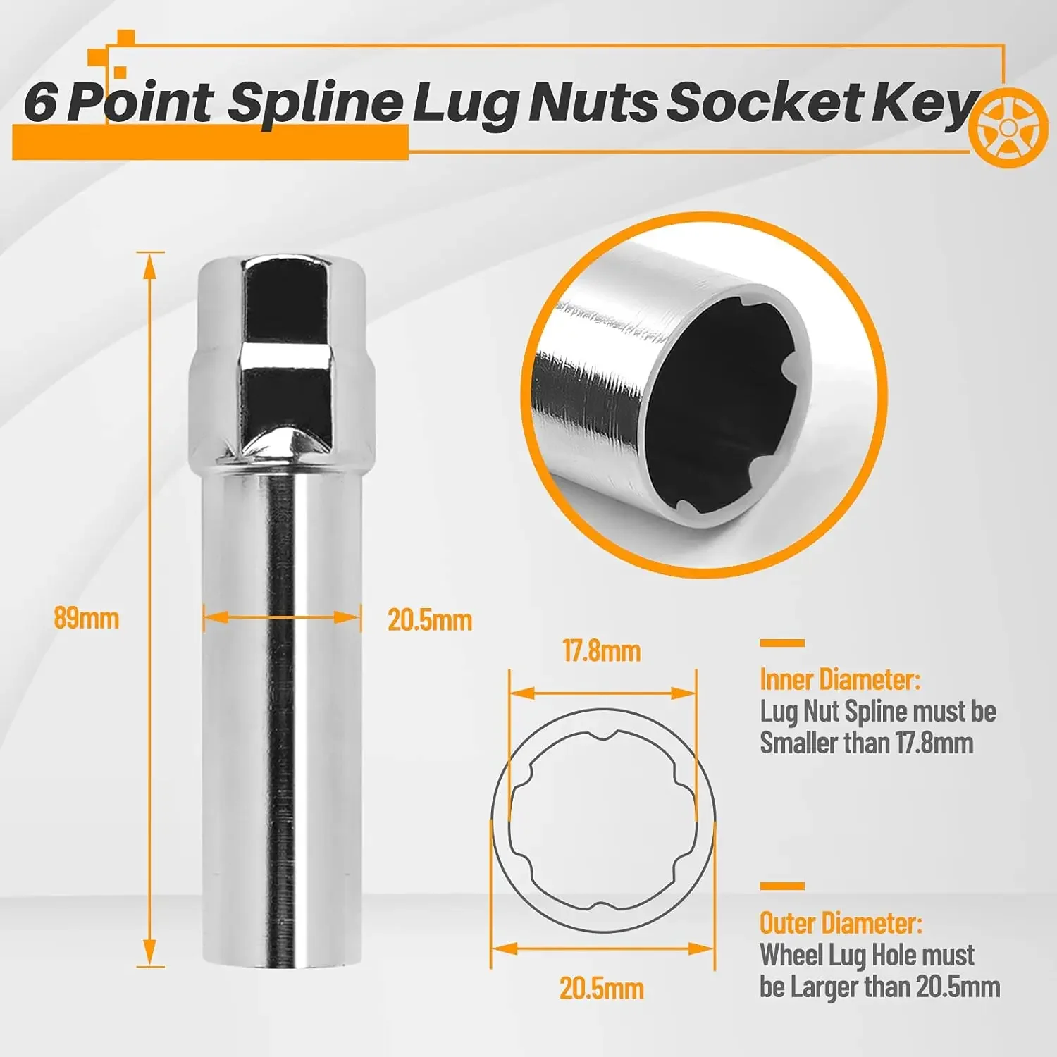 Car Accessories 2pcs 6 Point Spline Lug Nuts Socket Key Tool-for 17.6mm Inner Diameter-Compatible with 17mm Replacement Spline