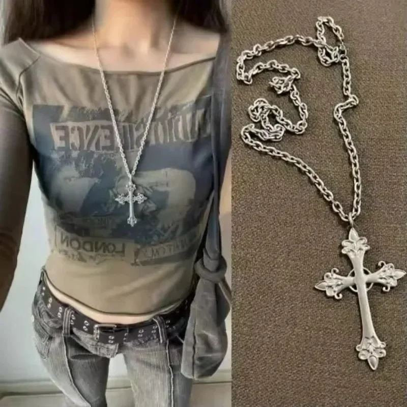 Vintage Y2k Gothic Style Rose Cross Pendant Necklace Hip Hop Unisex Necklaces Cool Versatile Simple Fashion Jewelry Accessories