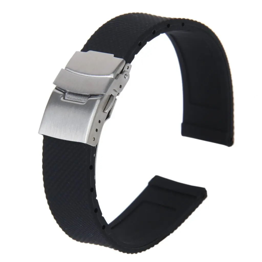 

Watch Bands Sport Black Silicone Rubber Watch Strap Deployment Buckle Waterproof 20 mm