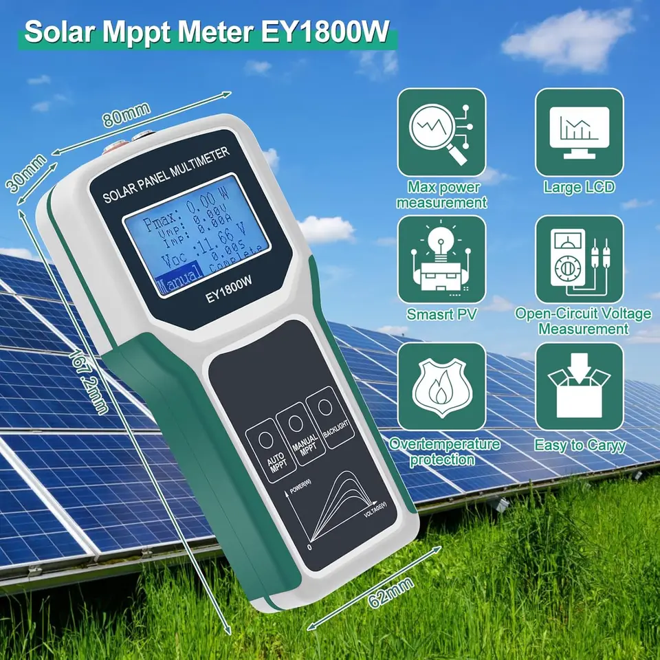 Eujgoov Güneş Paneli Test Cihazı, 5-1800W 20-120V 0-60A MPPT Metre, Otomatik Manuel Algılamalı PV Panel Sorun Giderme Için LCD Ekran