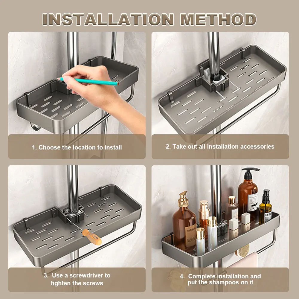 1/2PCS Shower Rack Punch-Free Bathroom Tray With Towel Bar Hooks Shampoo Holder Floating Shelf For Toilet Bathroom Organizer 6