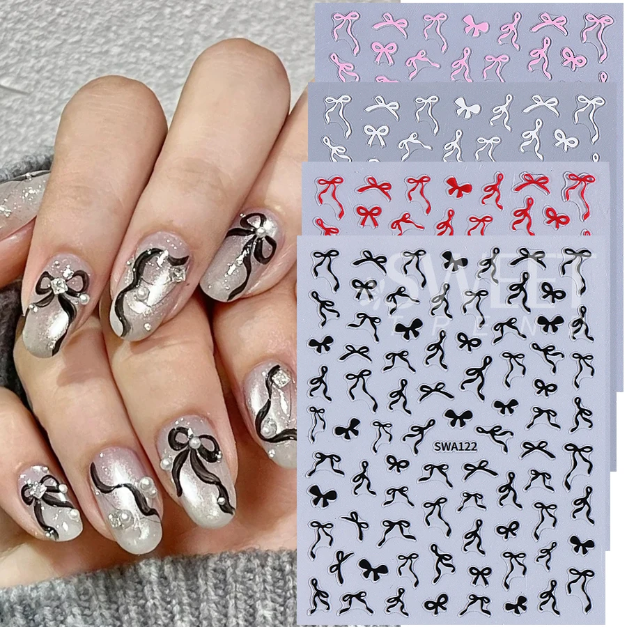 4pcs Streamer Bow Nail Art Stickers Black White Red Pink Irregular Bow Design Nail Decals DIY Elegant Slider Manicure Decoration