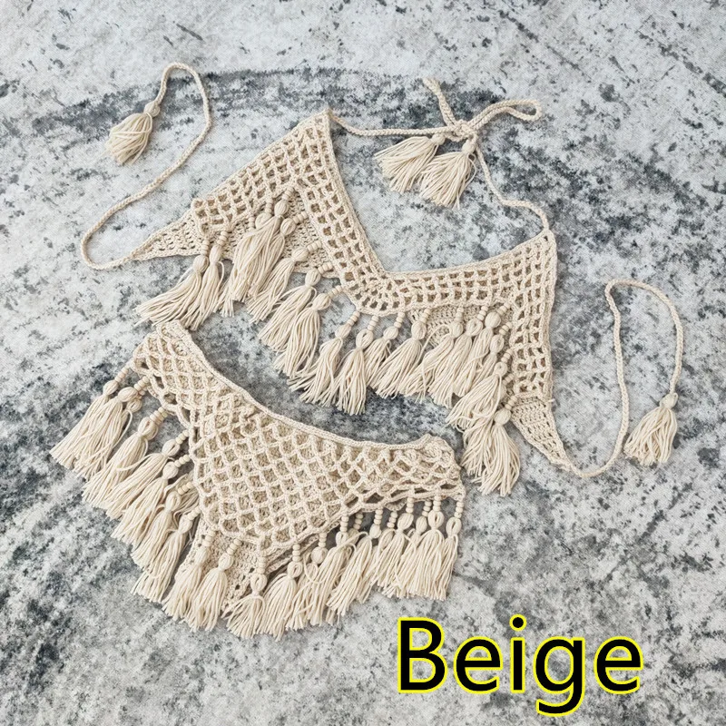 Sexy Knitted 2PCS Handmade Crochet Beach Summer Clothings Tassel Set Bikini Women Swimsuit Vaction in White/Beige