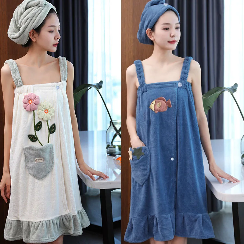 

2PCS Adult Microfiber Bathrobe Home Bathroom Shower Women Soft Towel Dry Hair Cap Set Sauna Holiday Wearable Sling Girl Pyjamas