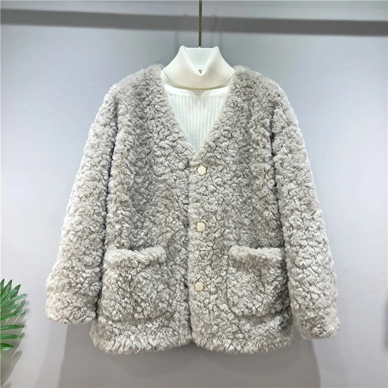 Autumn Winter Lamb Wool Coat Korean Fashion V-Neck Faux Fur Jacket Oversized Loose Single Breasted Fluffy Long Sleeve Outwear