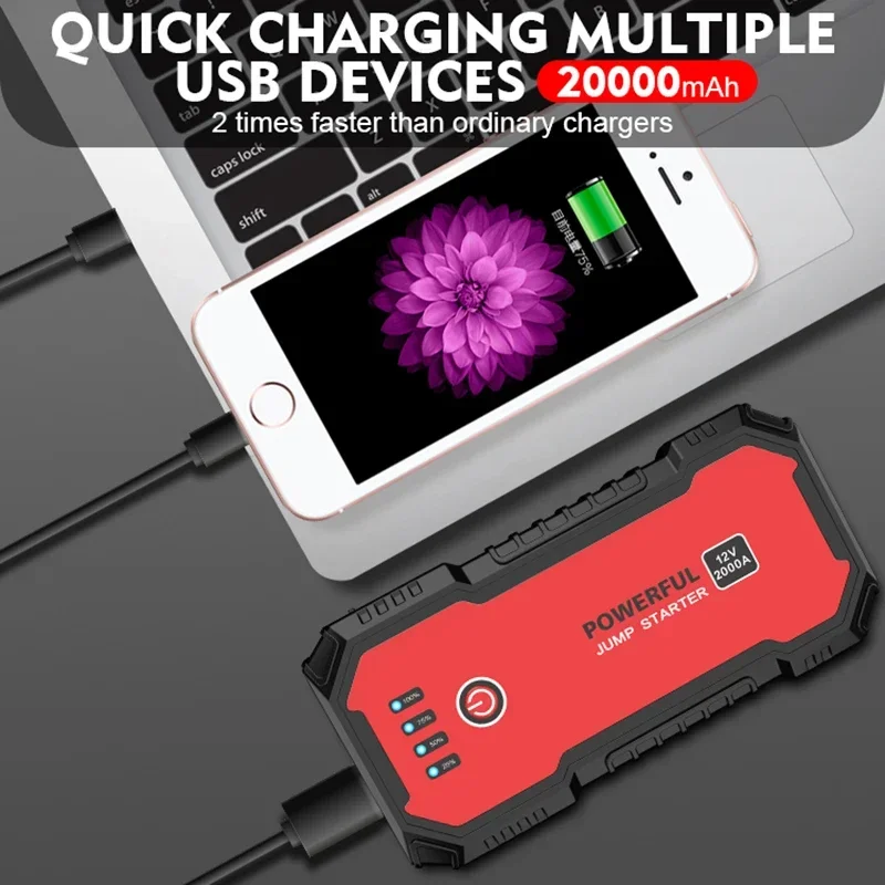 20000mAh Jump Starter 12V Portable Power Bank External Battery 2000A Starting Device Car Battery Starter Booster