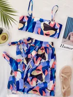 INGAGA Sexy 3 Piece Bikini Set Colorblock Swimsuit with Skirt Bandeau Swimwear Women 2022 Beach Cover Up Knot Beachwear New