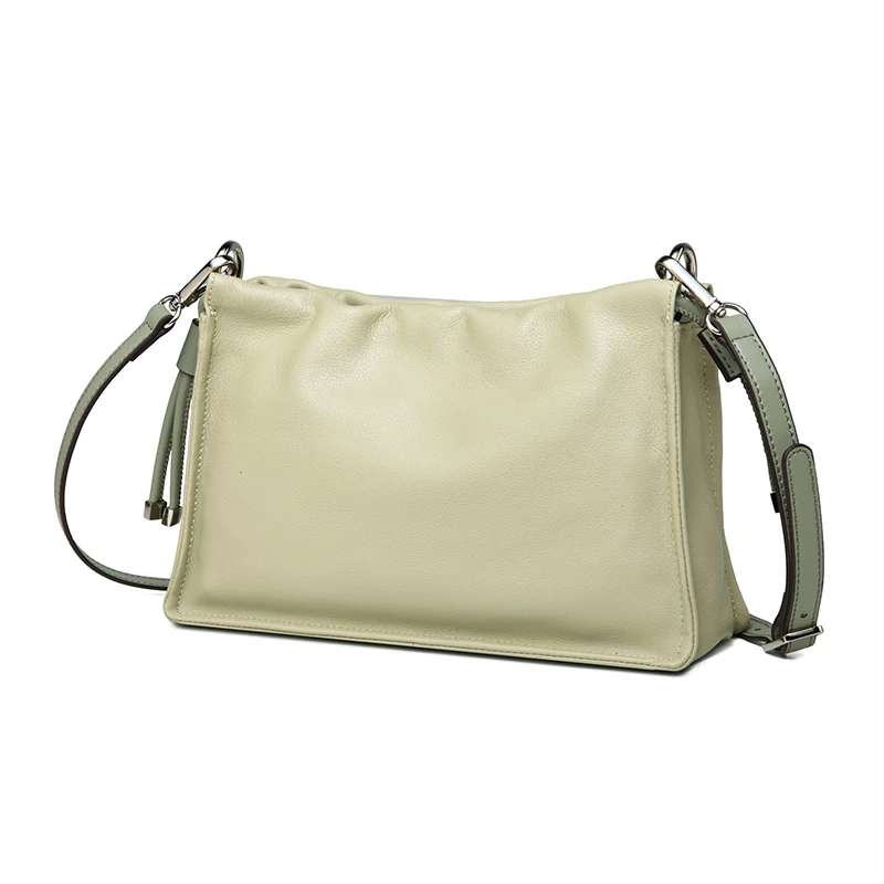 2022 NEW Ladies Elegant Genuine Cow Leather Crossbody Bag Draw String Shoulder Bag Woman Simple Mint Green Verstile Satchel Bags