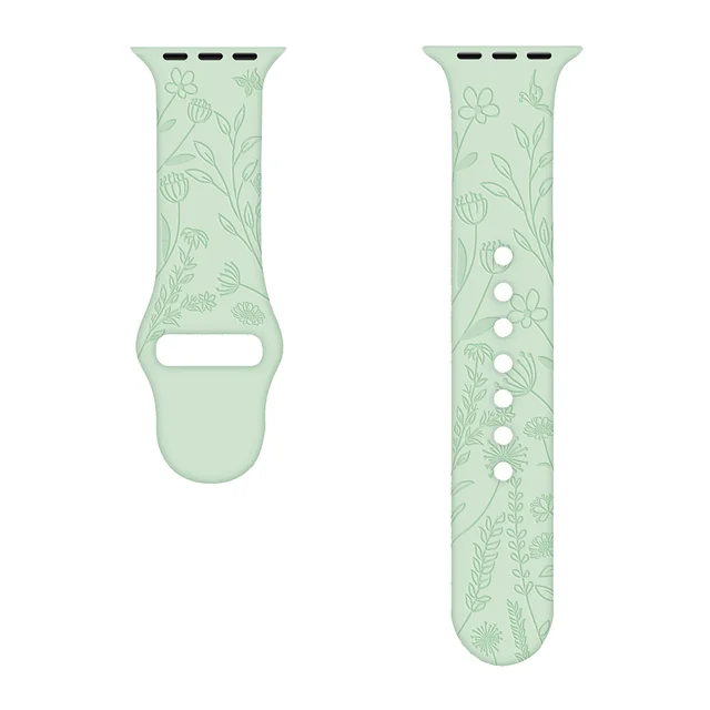 Sport Strap for Apple Watchband 44mm 40mm 38mm 42mm 41mm 45mm Printed Silicone Bracelet for iwatch series 7 6 5 4 3SE watch band flower-green
