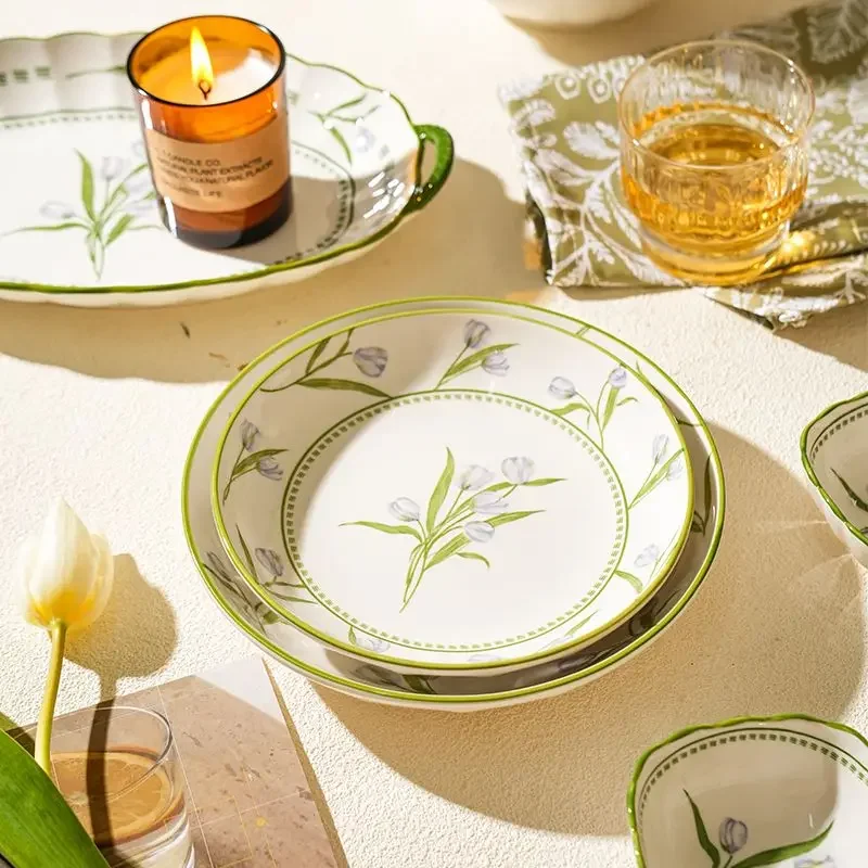 Light Purple Tulip Ceramic Tableware,Household Underglaze Color Dish Set,Romantic Color Kitchen Utensils,Safe Craftsmanship