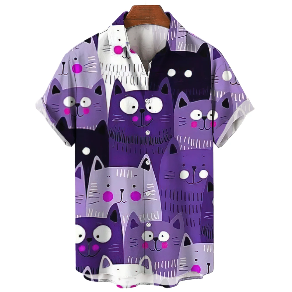 Men's shirt 3D cute cat casual summer short sleeved Hawaiian beach shirt Men's shirt and shirt Men's vintage clothing shirt